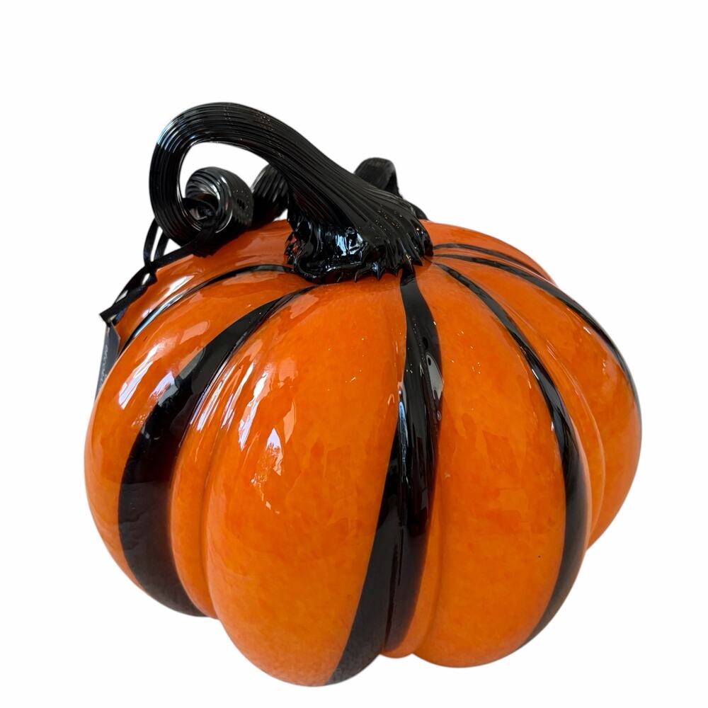 Hand Blown Art Glass Pumpkin Orange & Black Striped Designer Halloween Decor New
